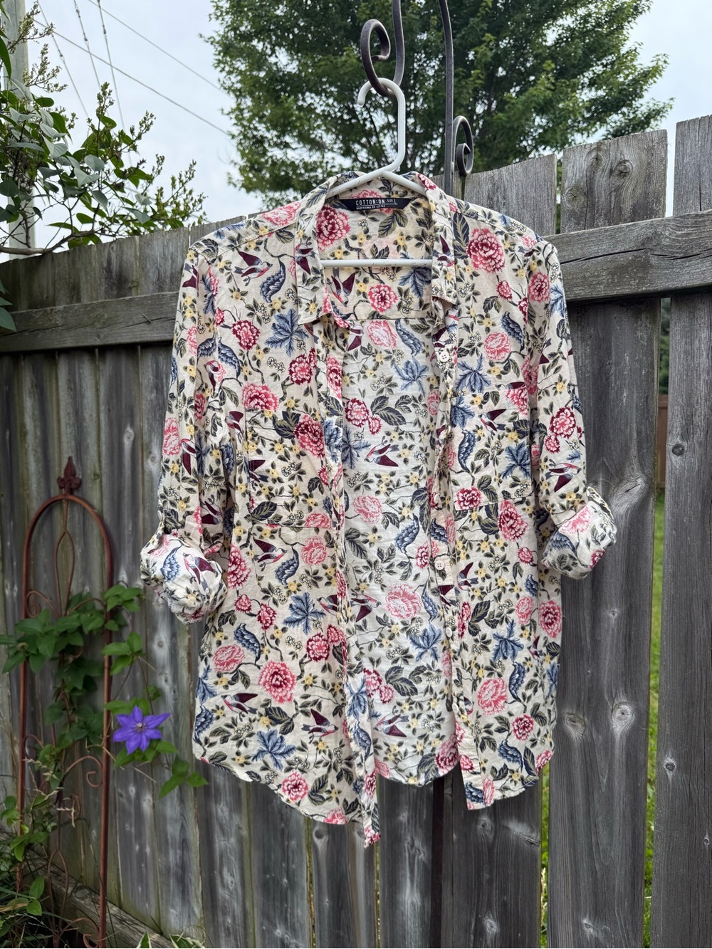 Cotton On Cream Floral Button-Up with Pink & Blue Accents - Picture 3 of 7